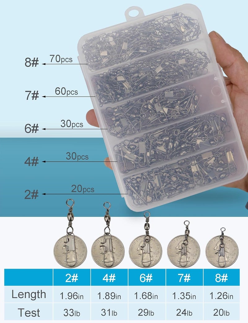 Beoccudo Fishing Swivels Snap Swivels 210pcs Barrel Swivels with Snaps, Fishing Swivels Saltwater Freshwater Snap Connector - Image 2